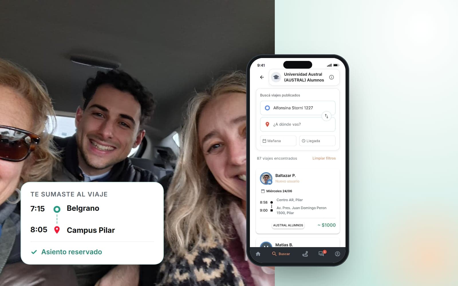 El transporte público llega saturado o impuntual, y viajar solo en auto sale caro. Sumate a la comunidad de tu institución.